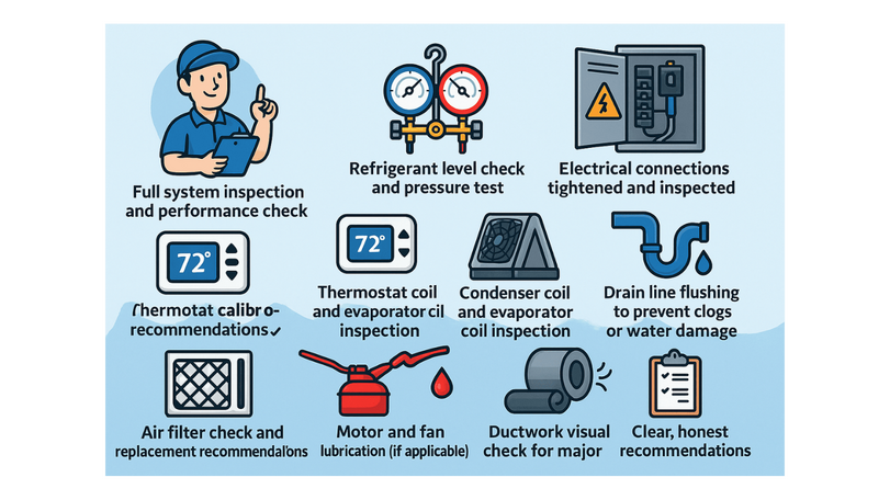 Cartoon-style illustration of Frost Byte performing an air conditioner inspection with a checklist, representing Sylvester’s Air AC maintenance services in Daytona Beach, Port Orange and rest of Volusia County Florida.
