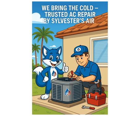 Cartoon of Sylvester’s Air technician repairing AC unit with Frost Byte mascot, promoting trusted residential air conditioning repair in Port Orange, Daytona Beach and the rest of Volusia County Florida.