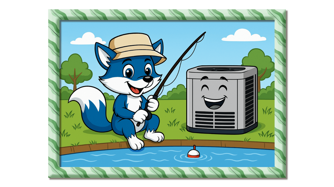 Frost Byte, the blue and white cartoon fox mascot of Sylvester’s Air, relaxing with a fishing pole by the Indian River in Edgewater, Florida, as a happy AC condenser cools off in the background.  