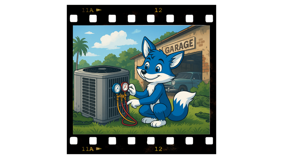 Frost Byte, the blue and white HVAC mascot, repairing an AC unit behind a classic Holly Hill garage with gators lounging nearby and vintage cars in the background--keeping things cool in Florida heat.  