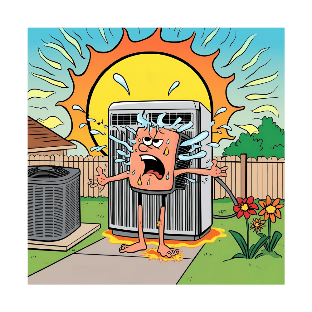 Cartoon air conditioner melting in Florida sun with sweat and heat waves, humorous HVAC illustration for Sylvester’s Air in Port Orange and Daytona Beach.